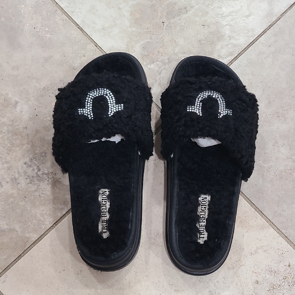 True Religion Black Fuzzy Slides with Rhinestone Detail - Picture 3 of 5